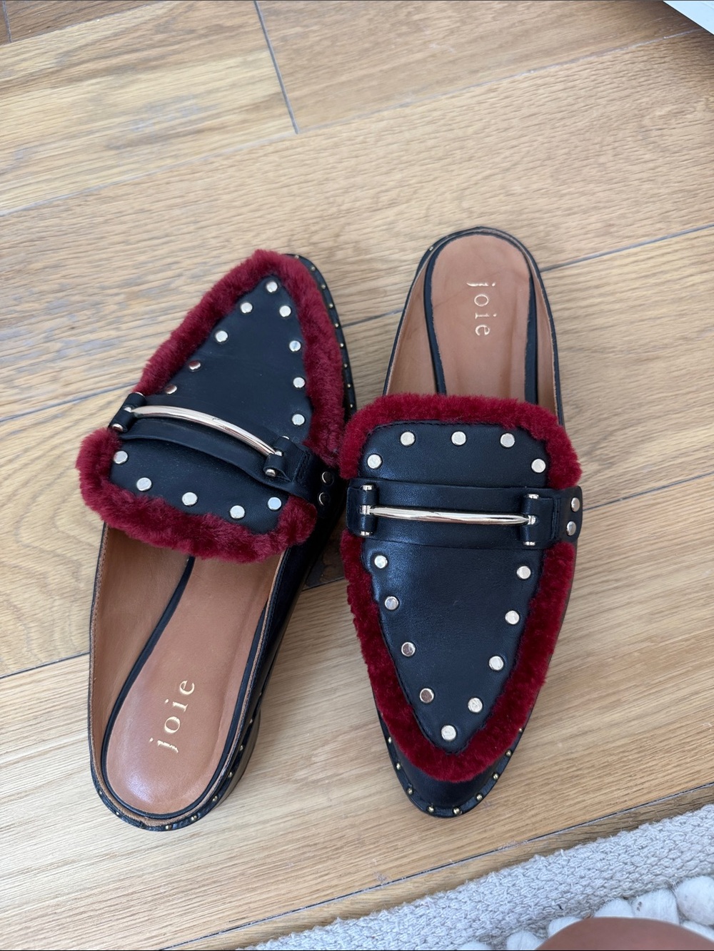 Joie Black Leather Studded Mule with Burgundy Fur Trim Size 38